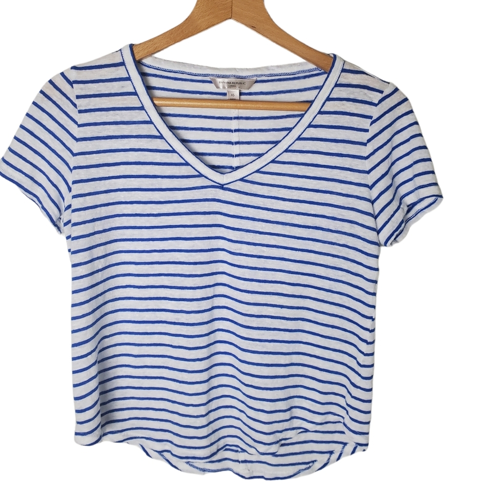 Banana Republic 100% Linen Striped V-Neck T-Shirt Size XS - Picture 1 of 5